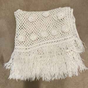 Vintage Handmade Crochet Afghan Fringe Blanket Bohemian Throw Cream / Off White